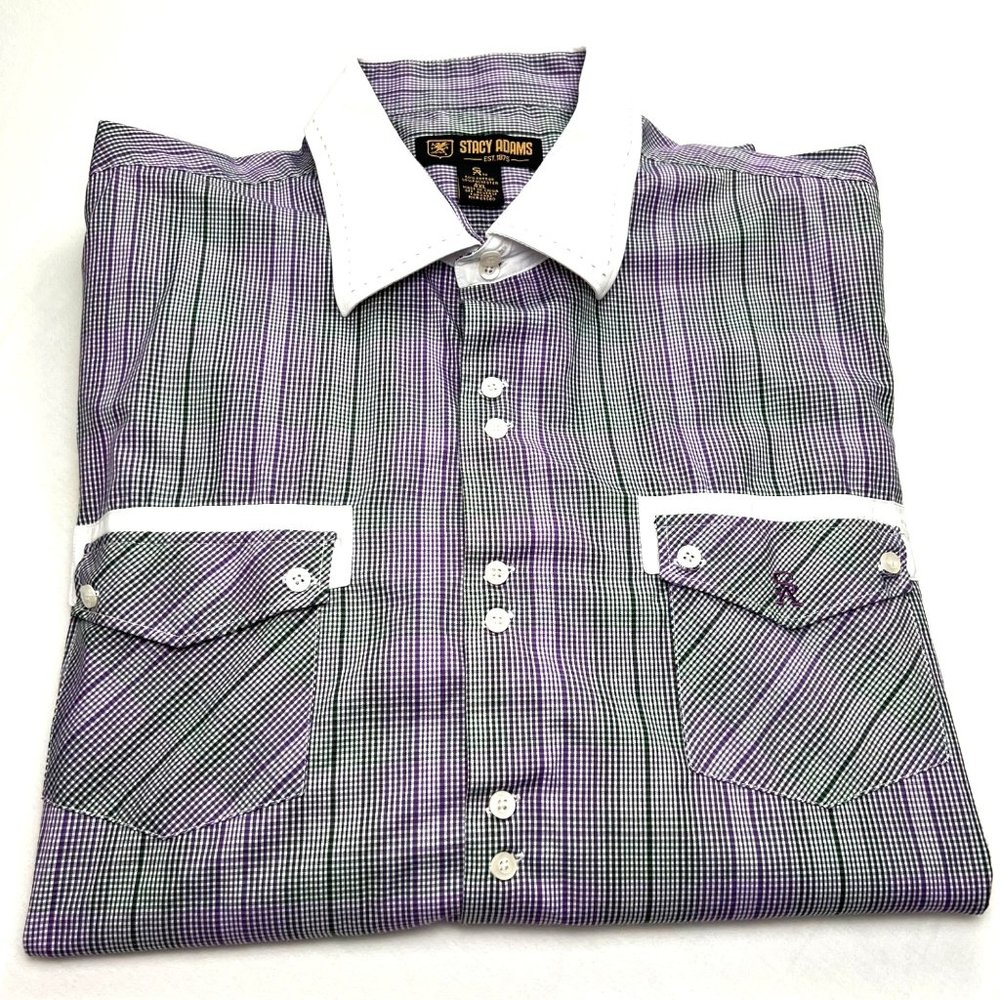 Stacy Adams Mens 4XL Long Sleeve Shirt Purple & Green Checkered White Accents